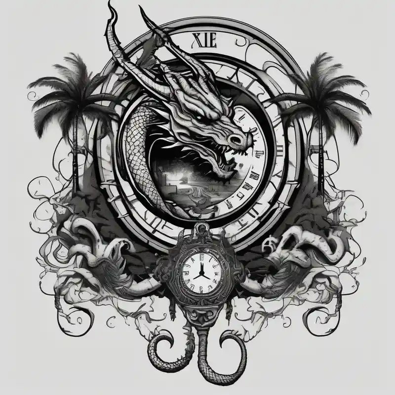 Horror dragon tattoo with clock, dollars and palm tree on background half sleeve tattoos for men – Blackwork, Noir et blanc